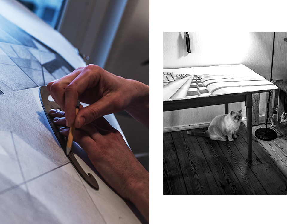 Diptych. To the right closeups of hands drawing. To the right: Cat sitting under a table.