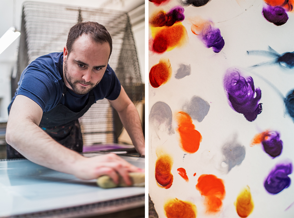 Diptych. To the left: Vincent Hulme screenprinting. To the right: Paint samples