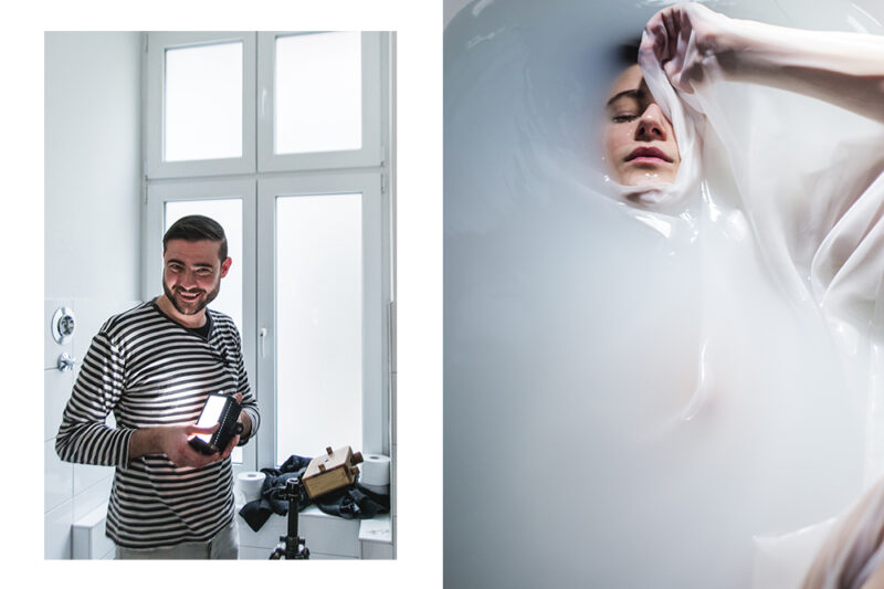 Diptych. To the left: Matthew Coleman holding a camera. To the right woman in white water